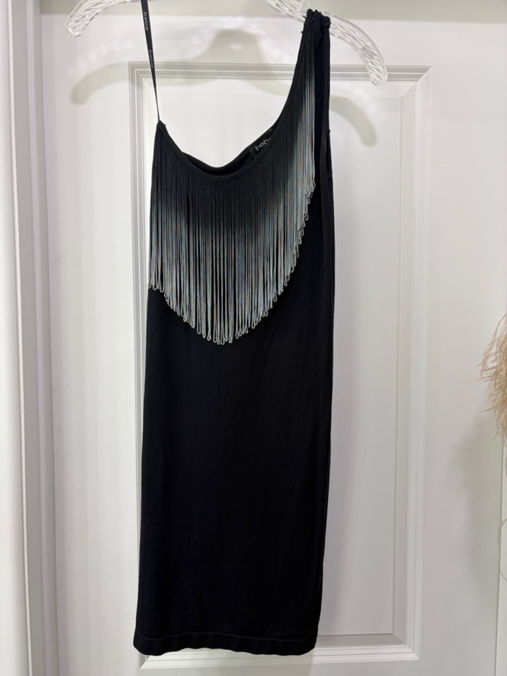 bebe Bodycon One-Shoulder Dress with Ombré Fringe